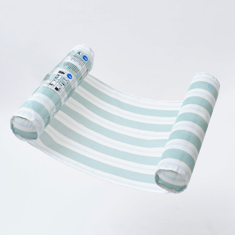 Pale blue and white striped hammock style pool float